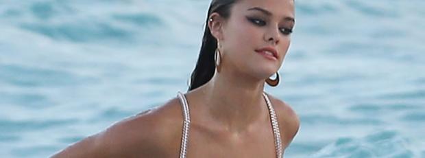 nina agdal breast slips out during beach shoot 1447