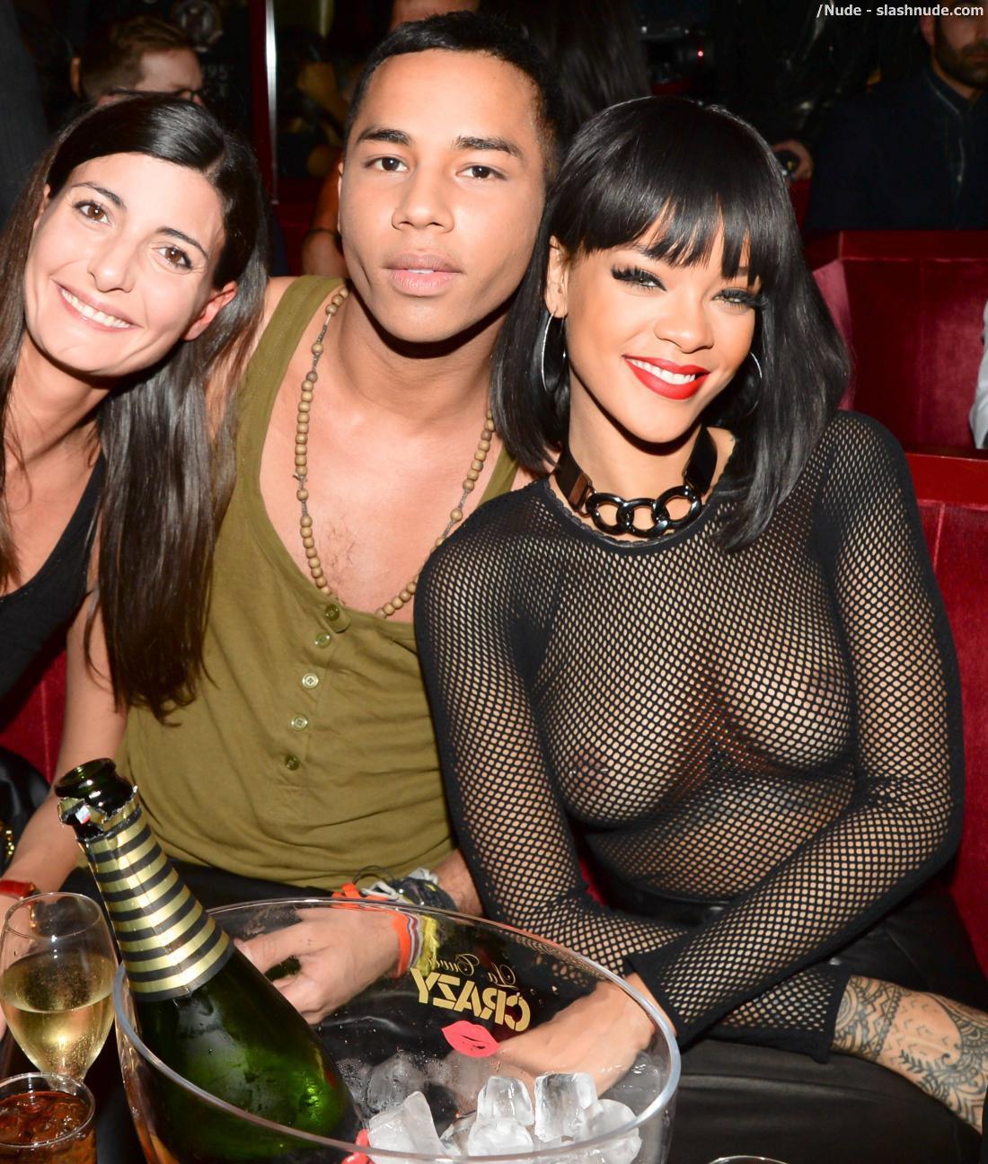 Rihanna Breasts In Totally See Through Mesh Top At Paris Party 1