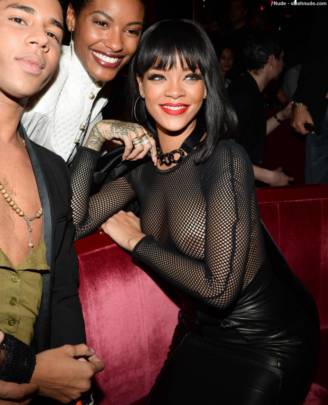 Rihanna Breasts In Totally See Through Mesh Top At Paris Party 2