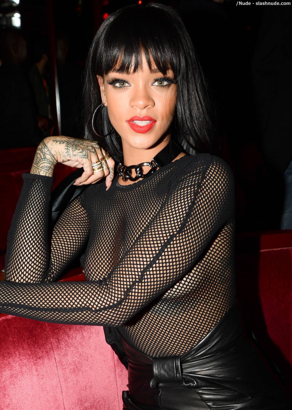 Rihanna Breasts In Totally See Through Mesh Top At Paris Party 4