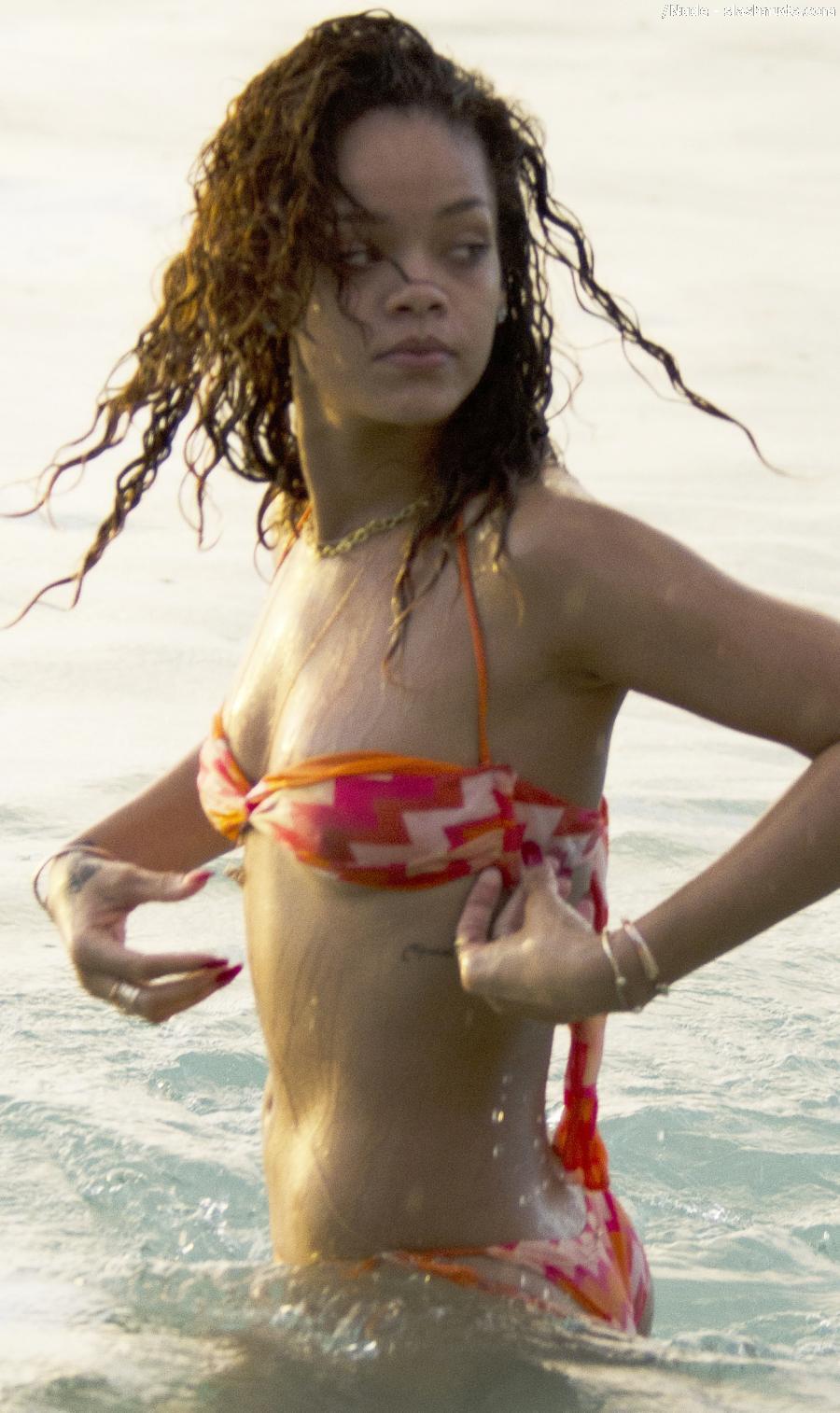 Rihanna Nipples Come Out For Sun In Wet Bikini 15